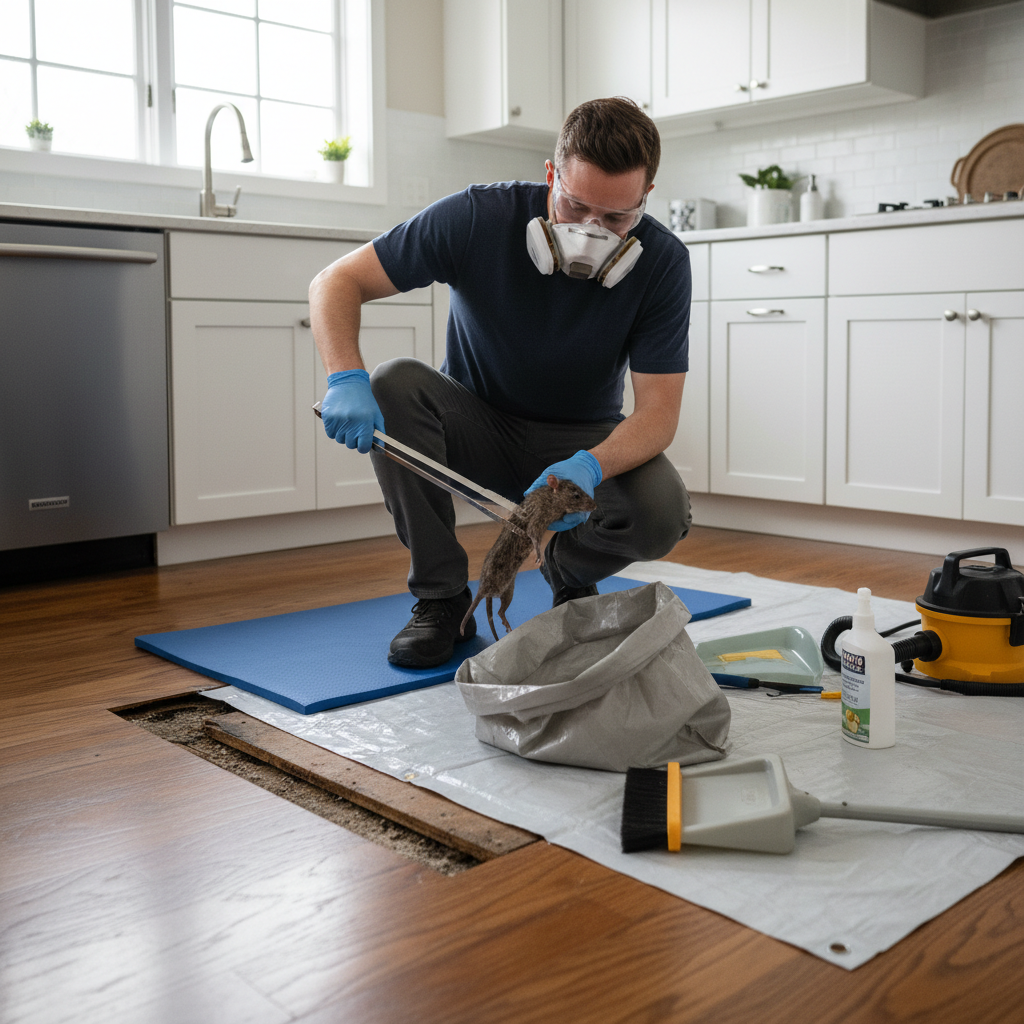 Professional using protective gear to remove a carcass