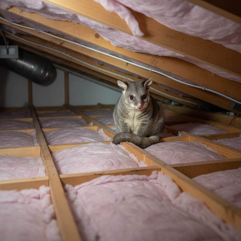 A possum peering out from a roof cavity